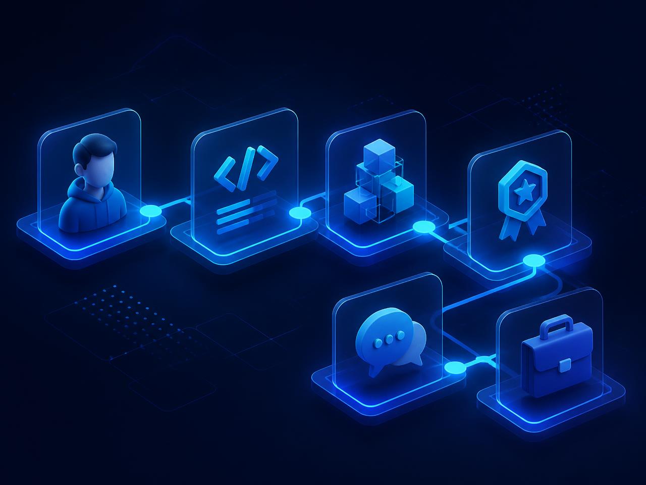 Illustration of the Nextzenn learning journey: student, training, projects, skills, interview and job